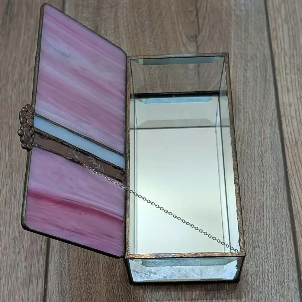 Vintage Stained Glass Jewelry Box with Pink Swirl Art Glass Lid and Mirrored Bot